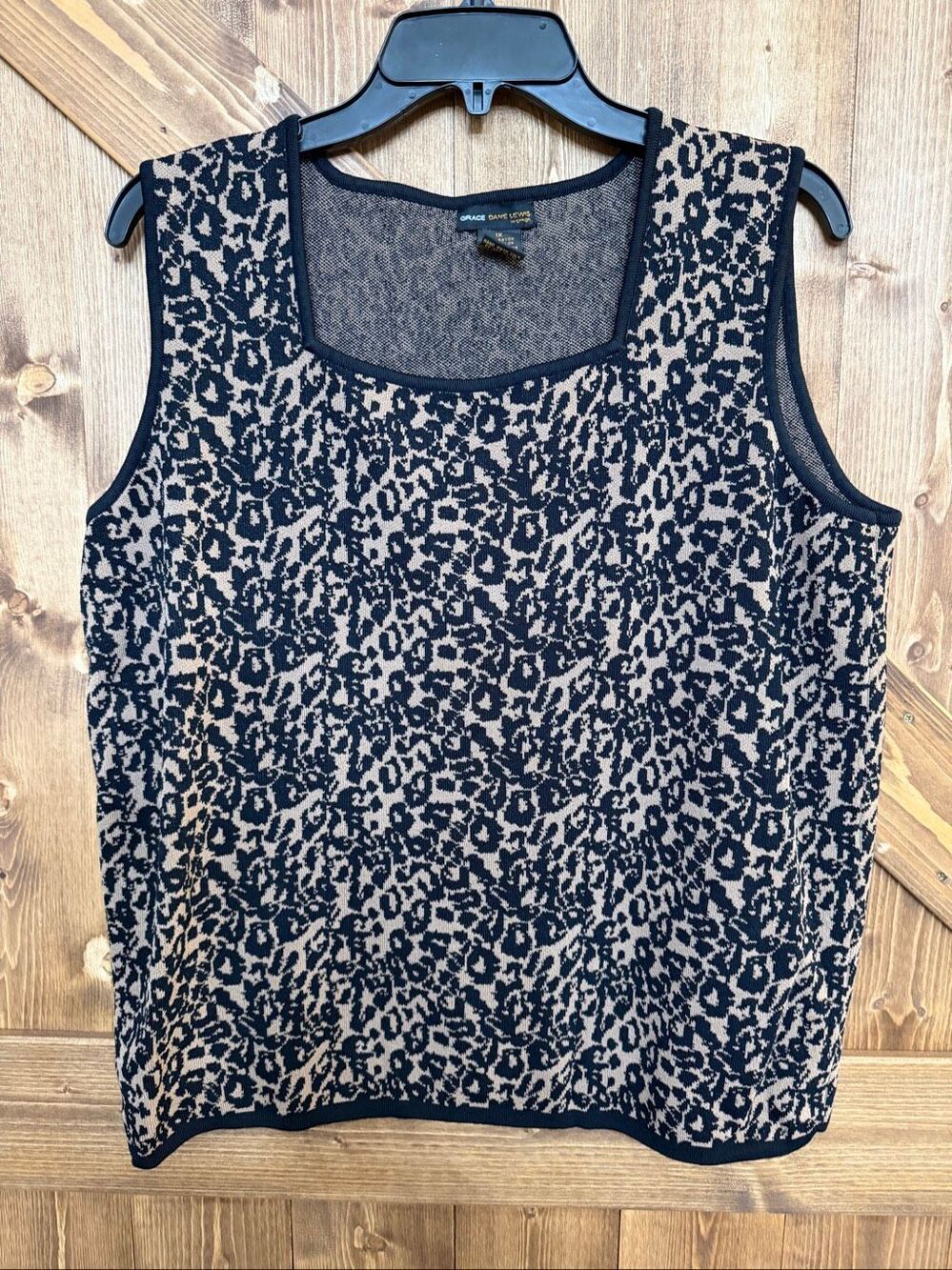 Grace Dane Lewis Women’s 1X Black Tan Animal Print Sleeveless Knit Top Rayon Nyl